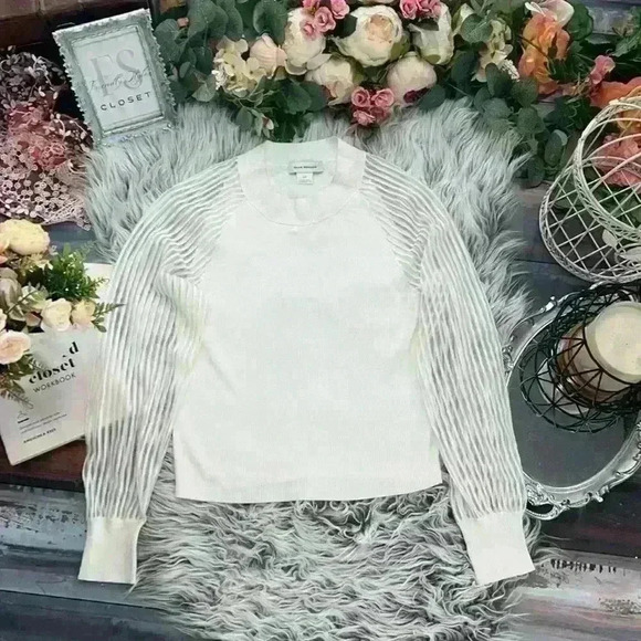 Club Monaco Women's Sheer Striped Lantern Sleeve Ribbed White Sweater, S - Picture 4 of 12